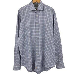 Thomas Dean Men’s Size L Button Up Shirt Plaid Houndstooth Navy Blue Flip Cuff